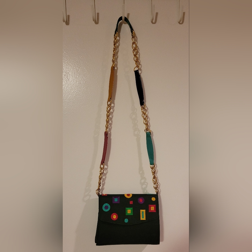 Embordered Geometric Colorful Purse With Gold Chaim And Colorblock Strap